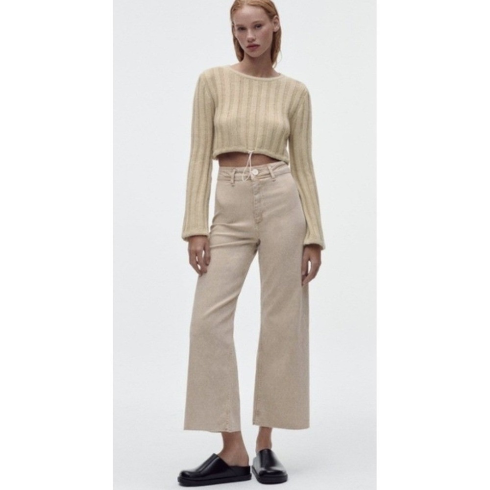 NEW Zara The Marine Straight High Rise Wide Leg Khaki Tan Jeans 8